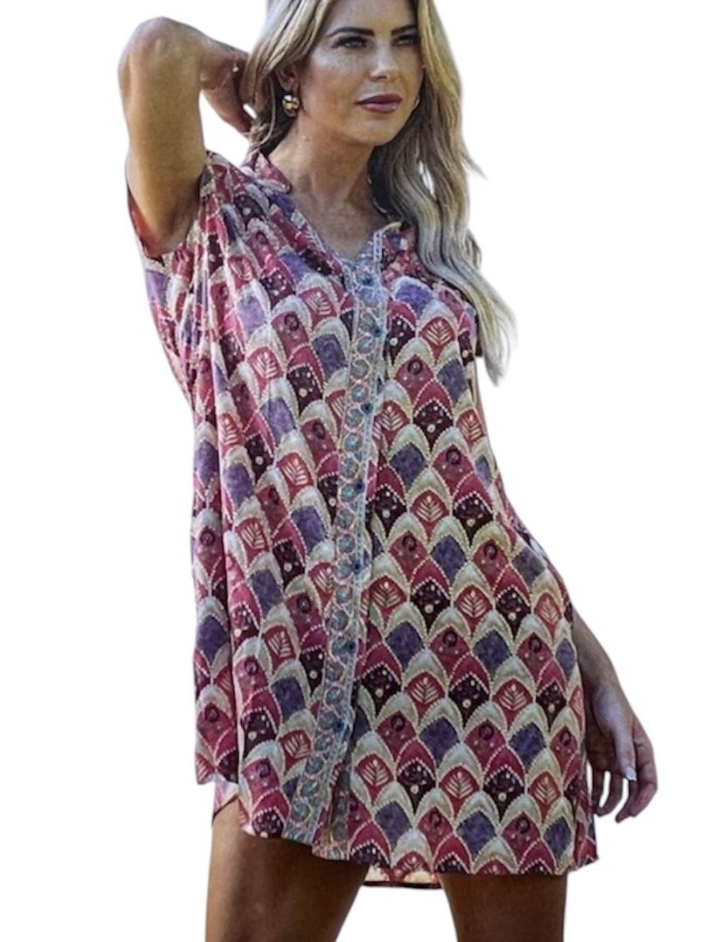 NEW Cienna Silk Blend Salma Oversized Shirt Dress Sz S Short Sleeve Swim Cover